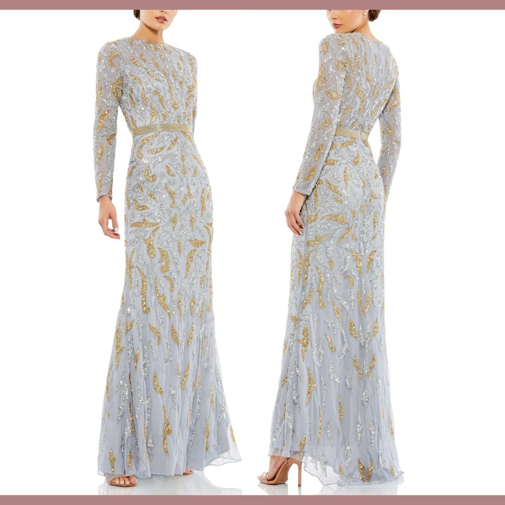 NWT Mac Duggal [ 12 ] 5124 Beaded Long Sleeve Evening‎ Gown Platinum Gold